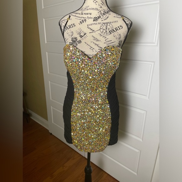 La Femme Rhinestone Jewel Rouched Strapless Black Mini Dress Style 16368 - Picture 4 of 10